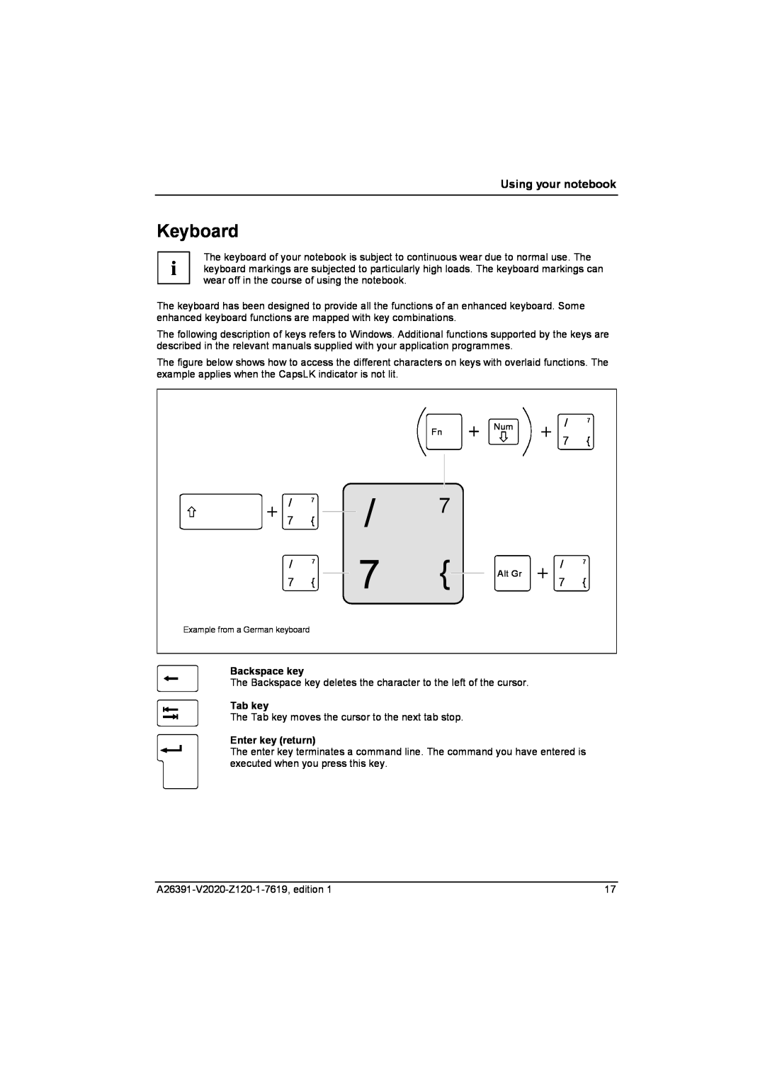 Fujitsu Siemens Computers V2020 manual Keyboard, Backspace key, Tab key, Enter key return, Using your notebook 