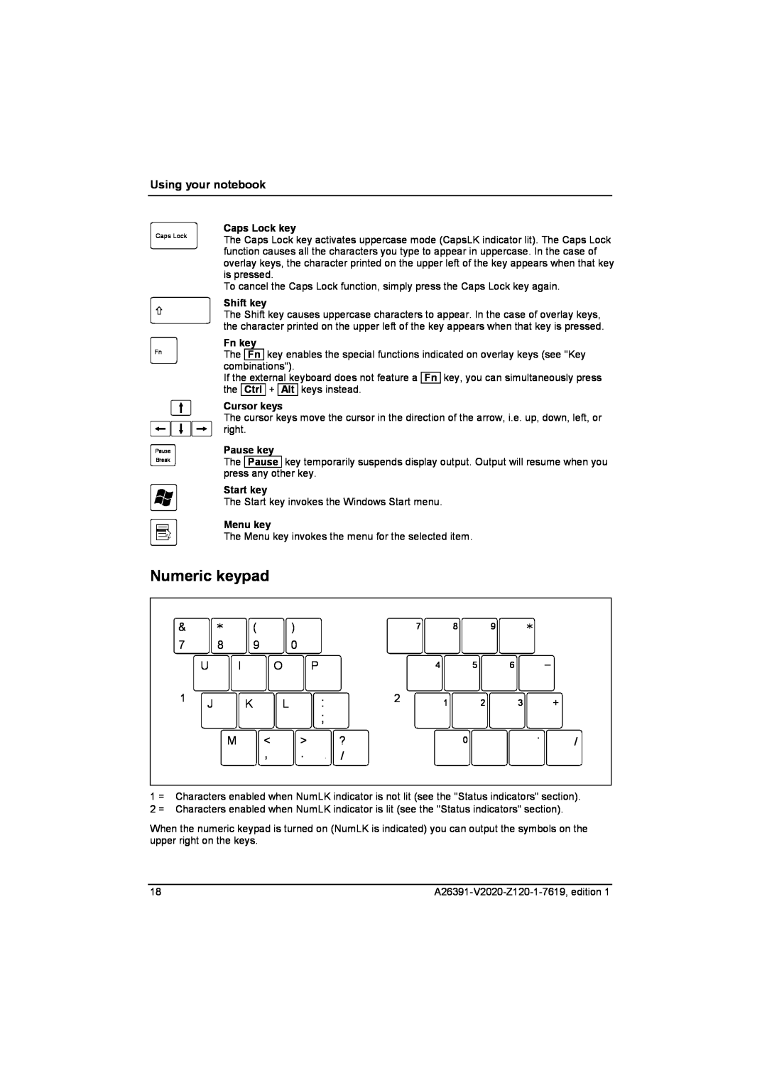 Fujitsu Siemens Computers V2020 manual Numeric keypad, Using your notebook 