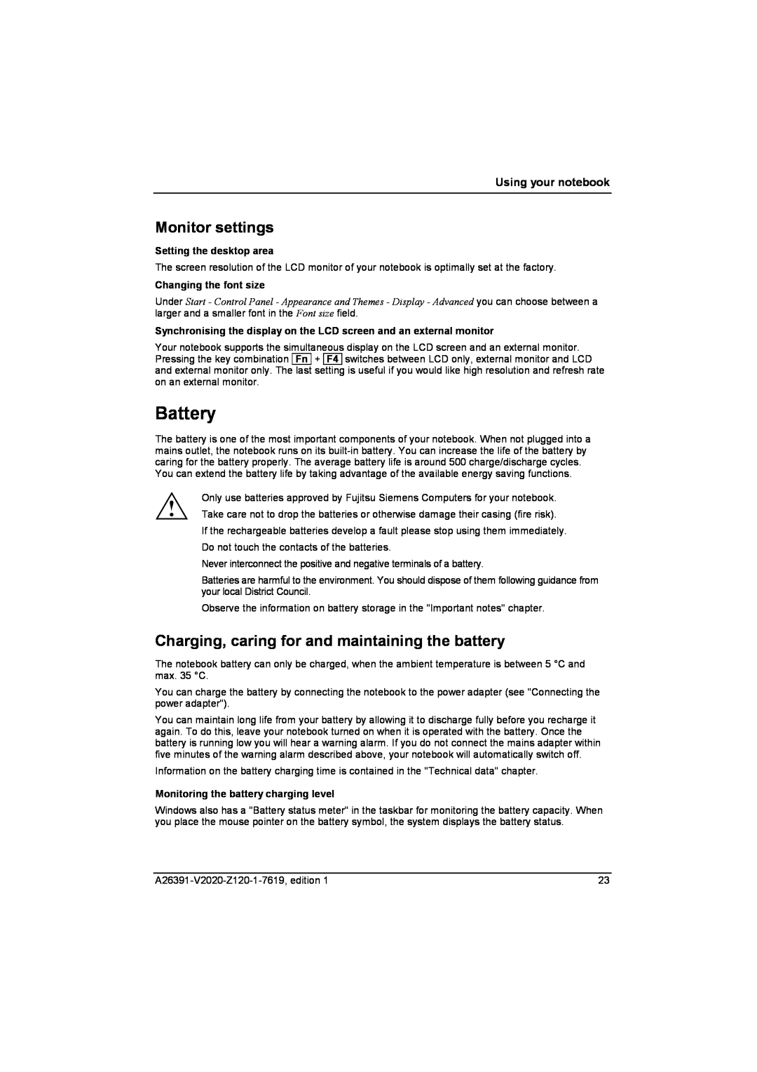 Fujitsu Siemens Computers V2020 manual Battery, Monitor settings, Charging, caring for and maintaining the battery 