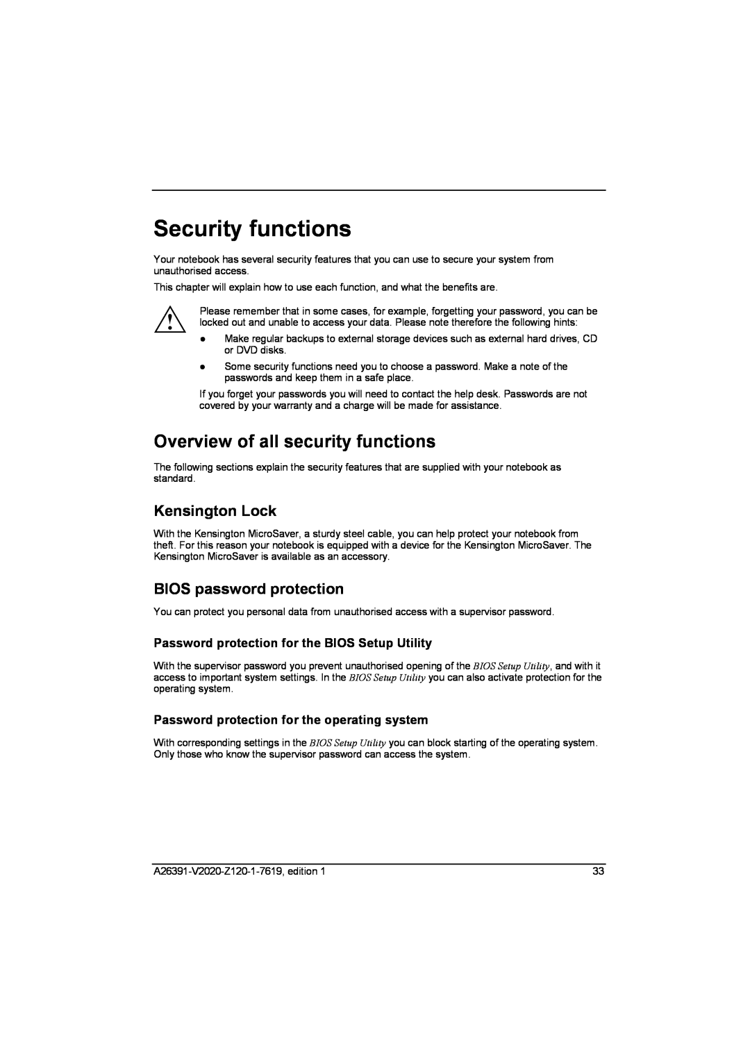 Fujitsu Siemens Computers V2020 manual Security functions, Overview of all security functions, Kensington Lock 