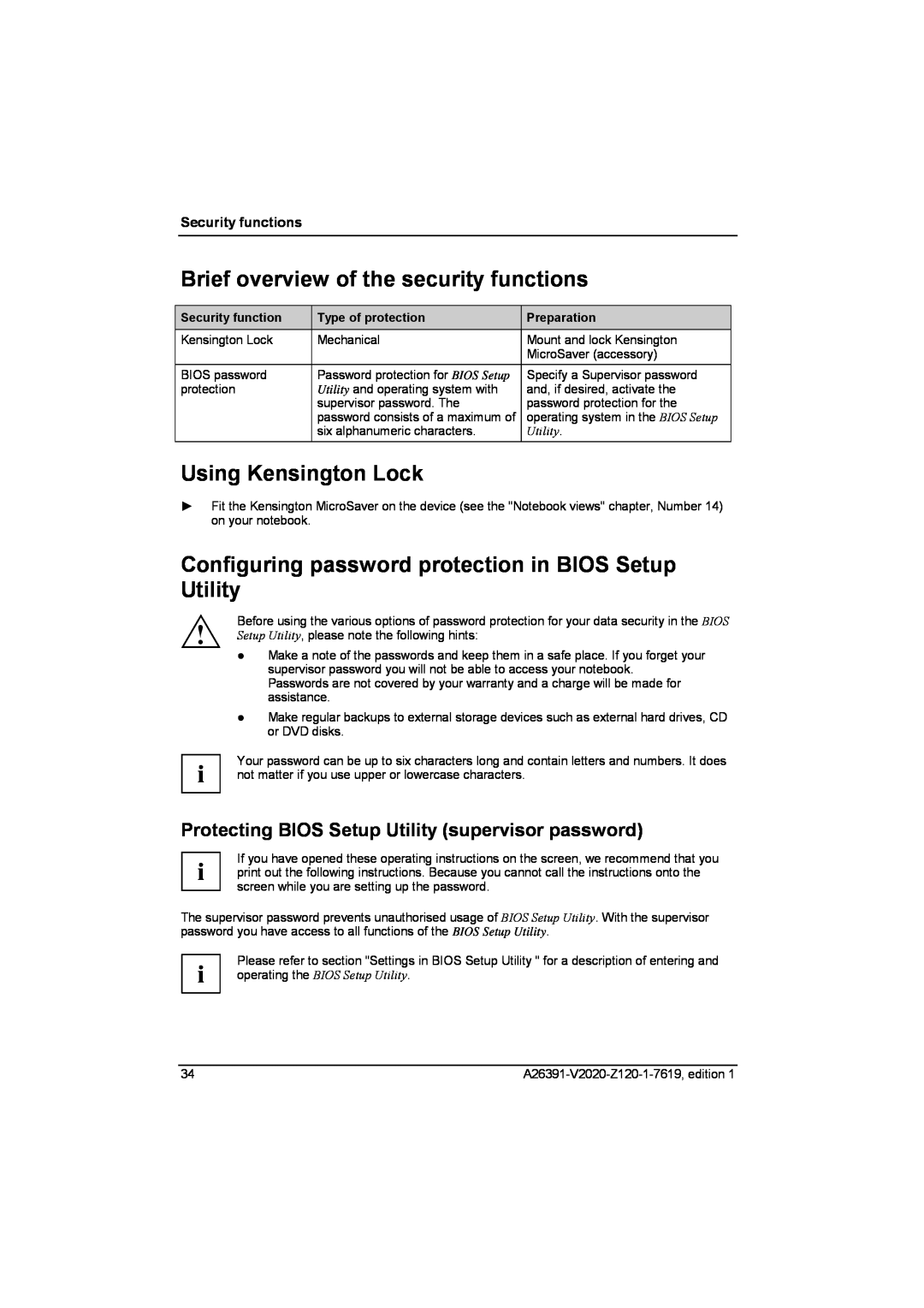 Fujitsu Siemens Computers V2020 manual Brief overview of the security functions, Using Kensington Lock, Security functions 