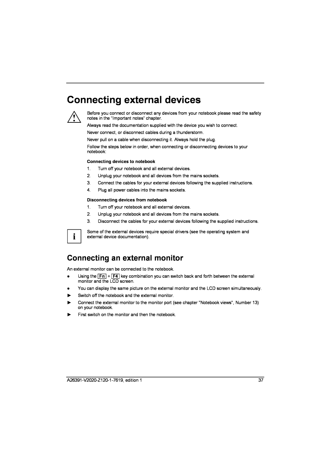 Fujitsu Siemens Computers V2020 manual Connecting external devices, Connecting an external monitor 