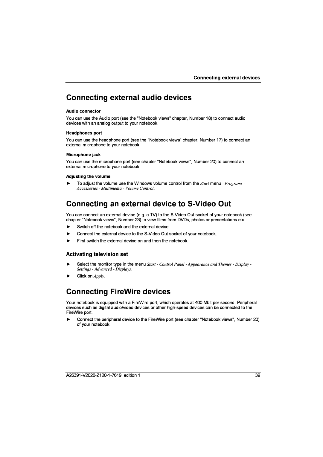 Fujitsu Siemens Computers V2020 manual Connecting external audio devices, Connecting an external device to S-Video Out 
