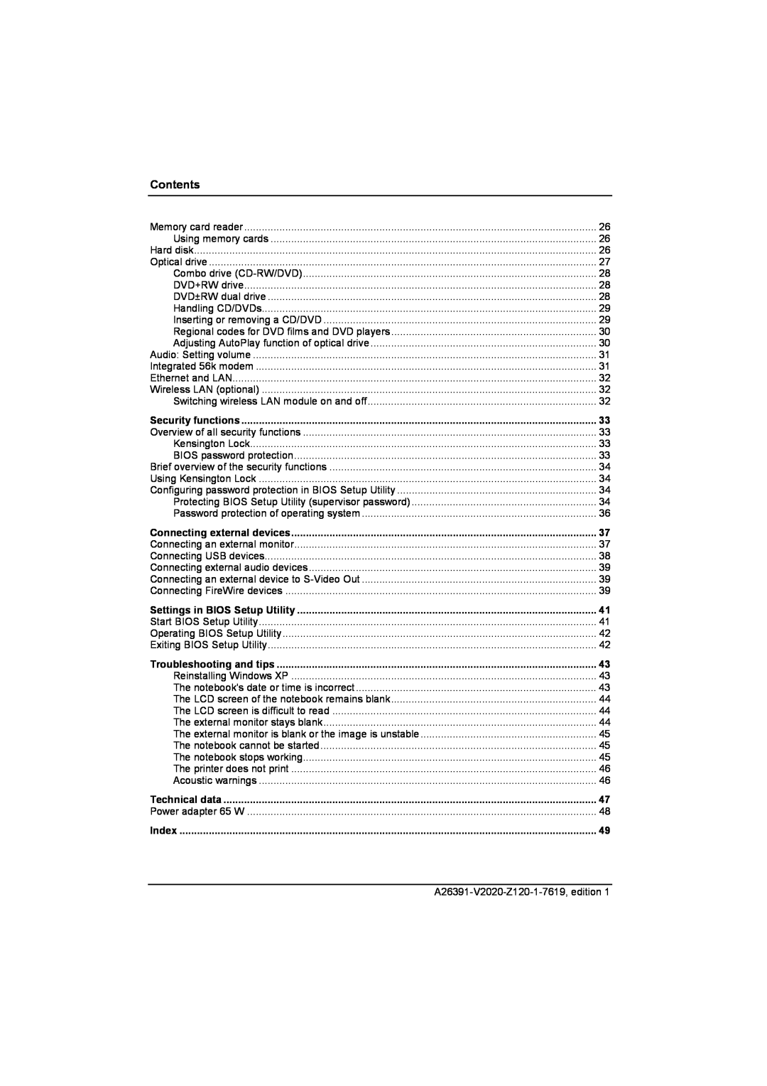 Fujitsu Siemens Computers V2020 manual Contents, Technical data, Index 