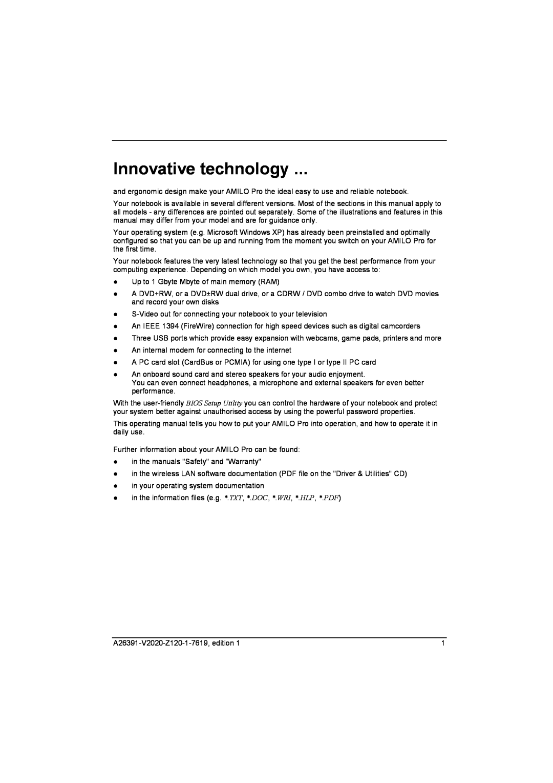 Fujitsu Siemens Computers V2020 manual Innovative technology 