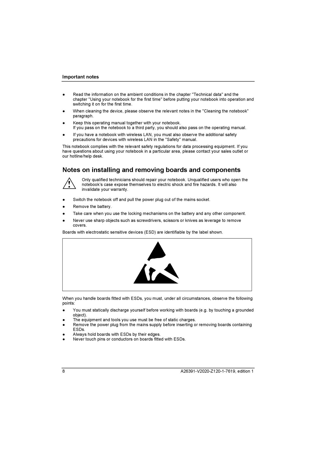 Fujitsu Siemens Computers V2020 manual Important notes 