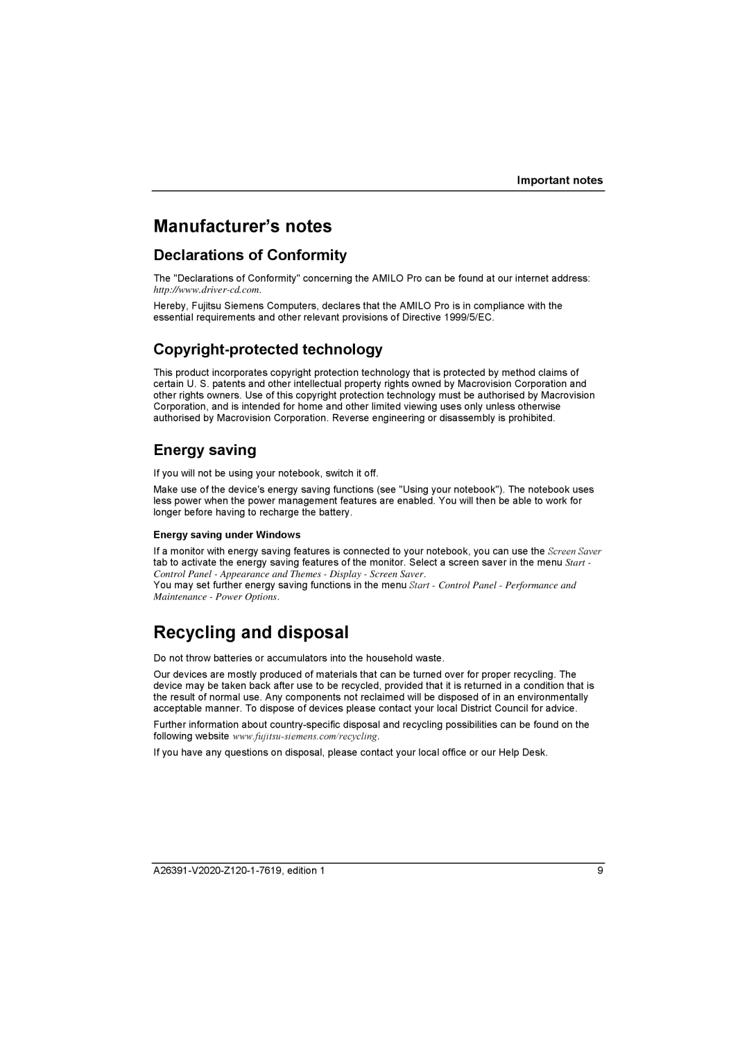 Fujitsu Siemens Computers V2020 Manufacturer’s notes, Recycling and disposal, Declarations of Conformity, Energy saving 