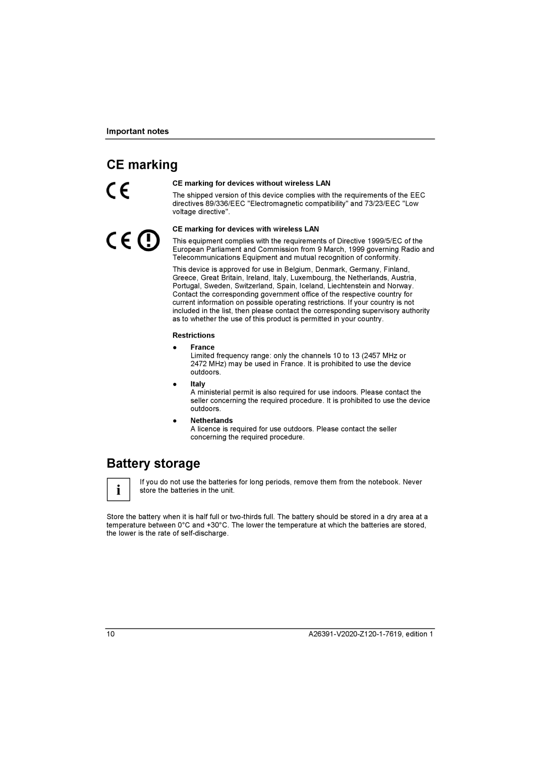 Fujitsu Siemens Computers V2020 manual CE marking, Battery storage 