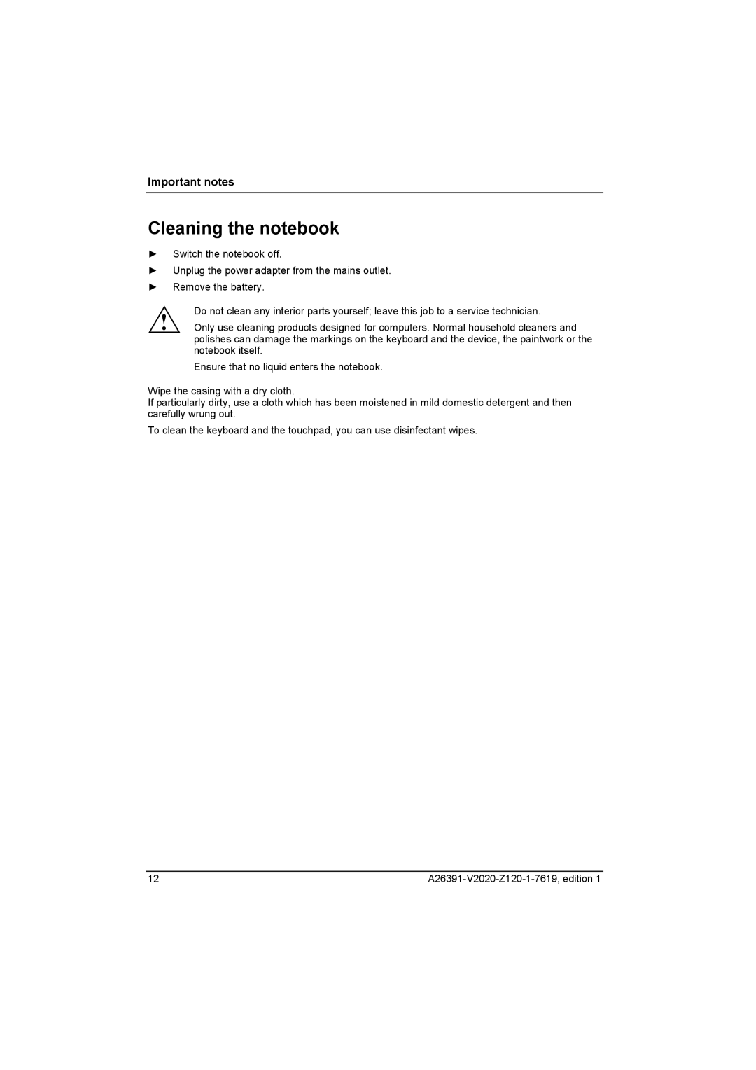 Fujitsu Siemens Computers V2020 manual Cleaning the notebook 