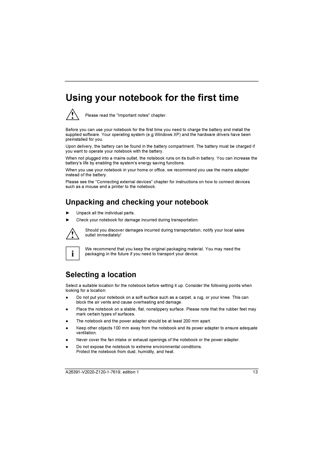 Fujitsu Siemens Computers V2020 manual Using your notebook for the first time, Unpacking and checking your notebook 