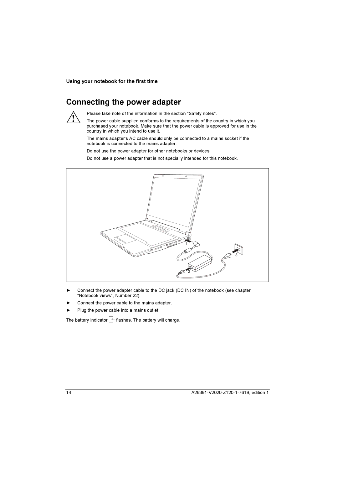 Fujitsu Siemens Computers V2020 manual Connecting the power adapter 