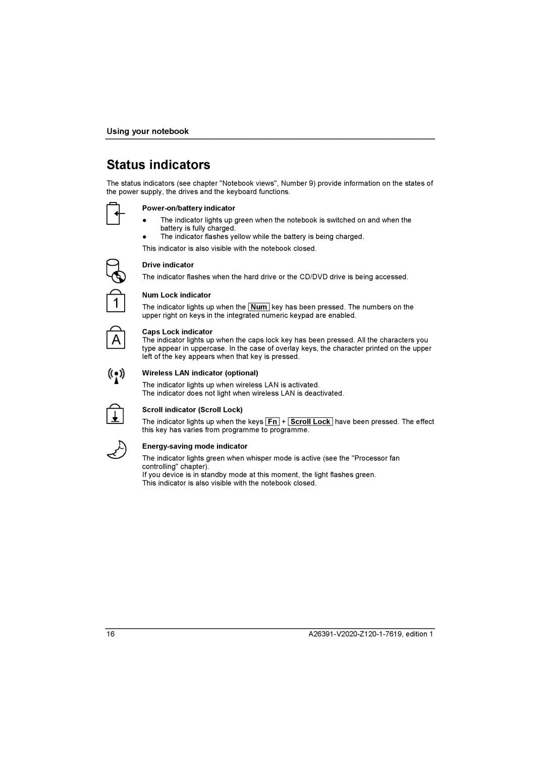 Fujitsu Siemens Computers V2020 manual Status indicators 