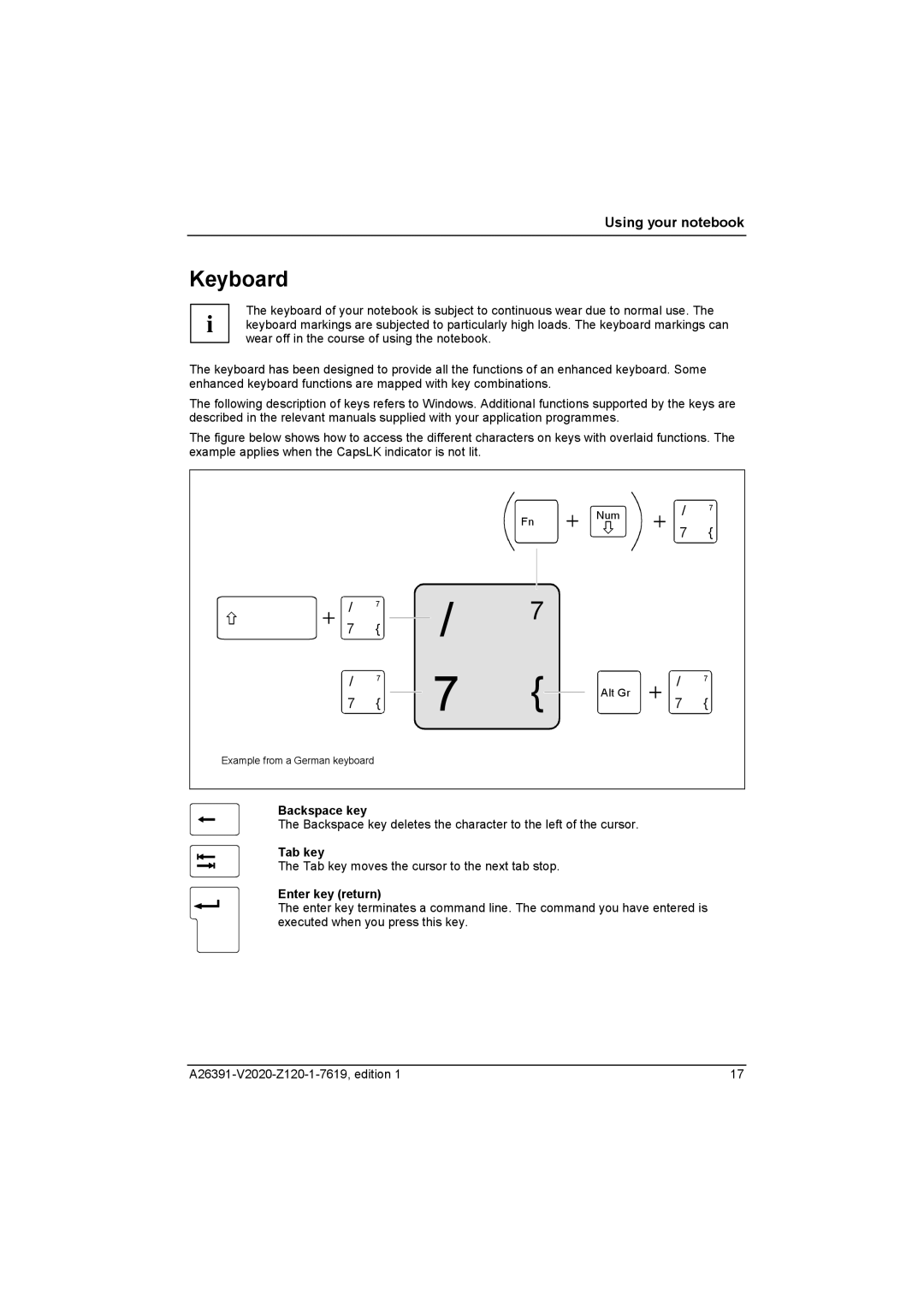 Fujitsu Siemens Computers V2020 manual Keyboard, Backspace key, Tab key, Enter key return 