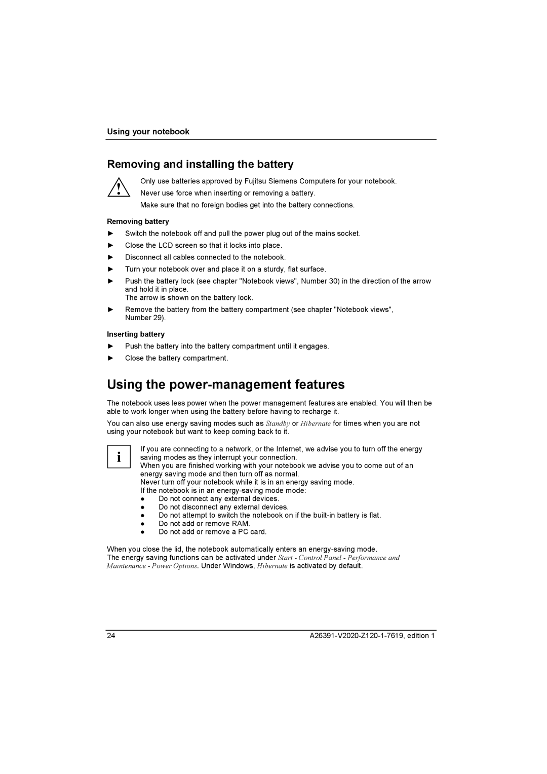 Fujitsu Siemens Computers V2020 Using the power-management features, Removing and installing the battery, Removing battery 