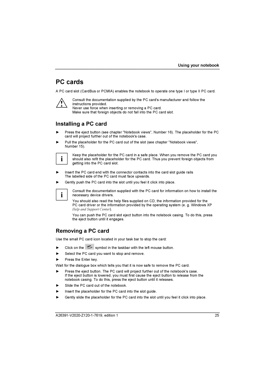 Fujitsu Siemens Computers V2020 manual PC cards, Installing a PC card, Removing a PC card 