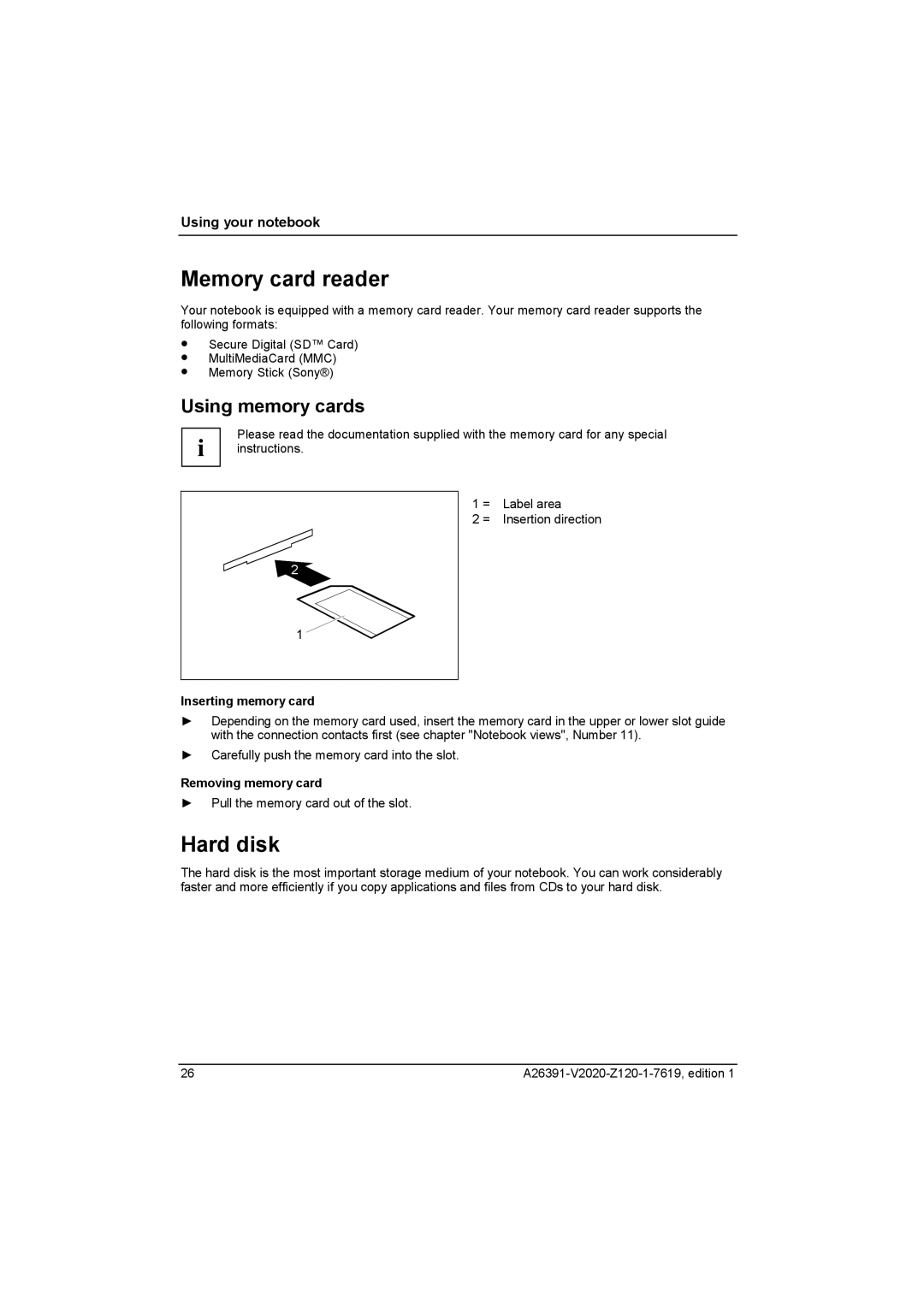 Fujitsu Siemens Computers V2020 manual Memory card reader, Hard disk, Using memory cards, Inserting memory card 