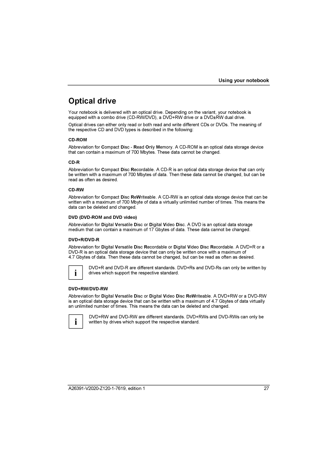 Fujitsu Siemens Computers V2020 manual Optical drive, DVD DVD-ROM and DVD video 