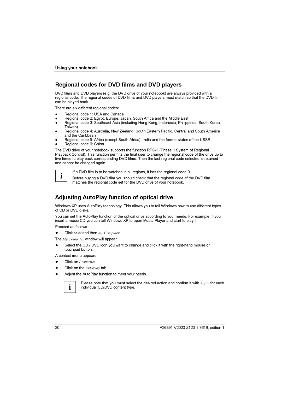 Fujitsu Siemens Computers V2020 Regional codes for DVD films and DVD players, Adjusting AutoPlay function of optical drive 