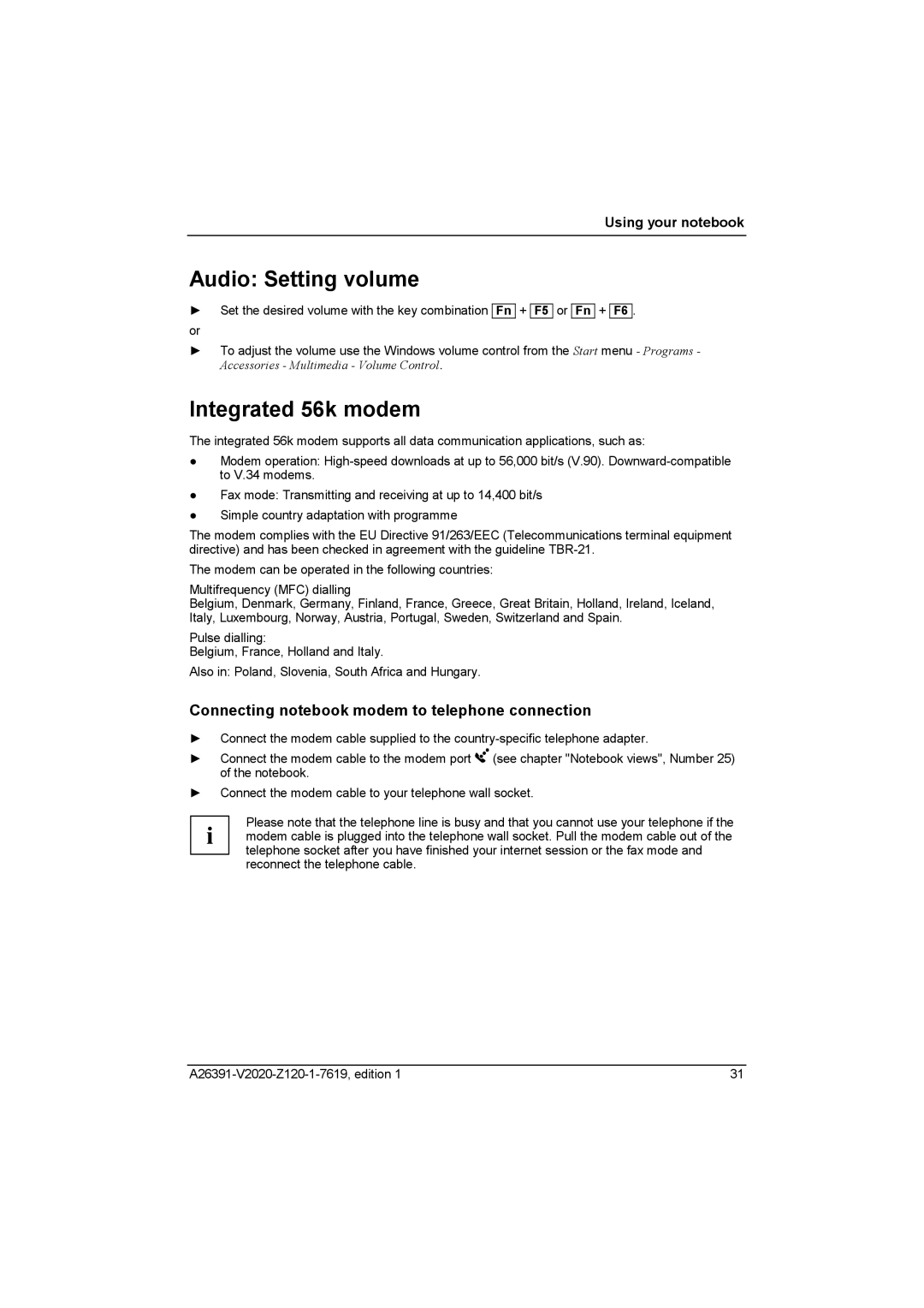 Fujitsu Siemens Computers V2020 manual Audio Setting volume, Integrated 56k modem 