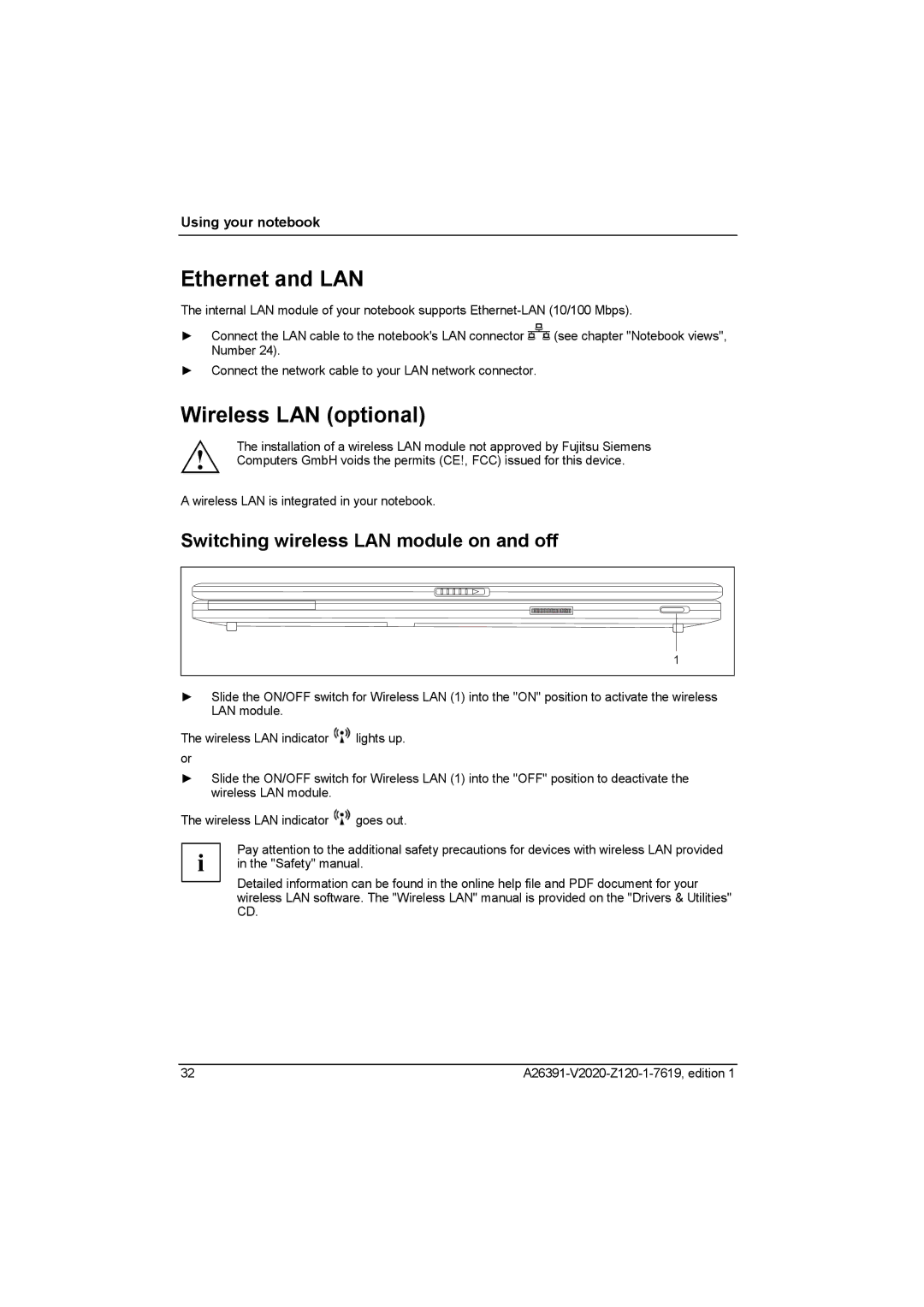 Fujitsu Siemens Computers V2020 manual Ethernet and LAN, Wireless LAN optional, Switching wireless LAN module on and off 