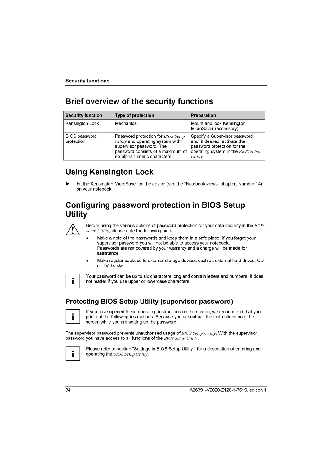 Fujitsu Siemens Computers V2020 manual Brief overview of the security functions, Using Kensington Lock 