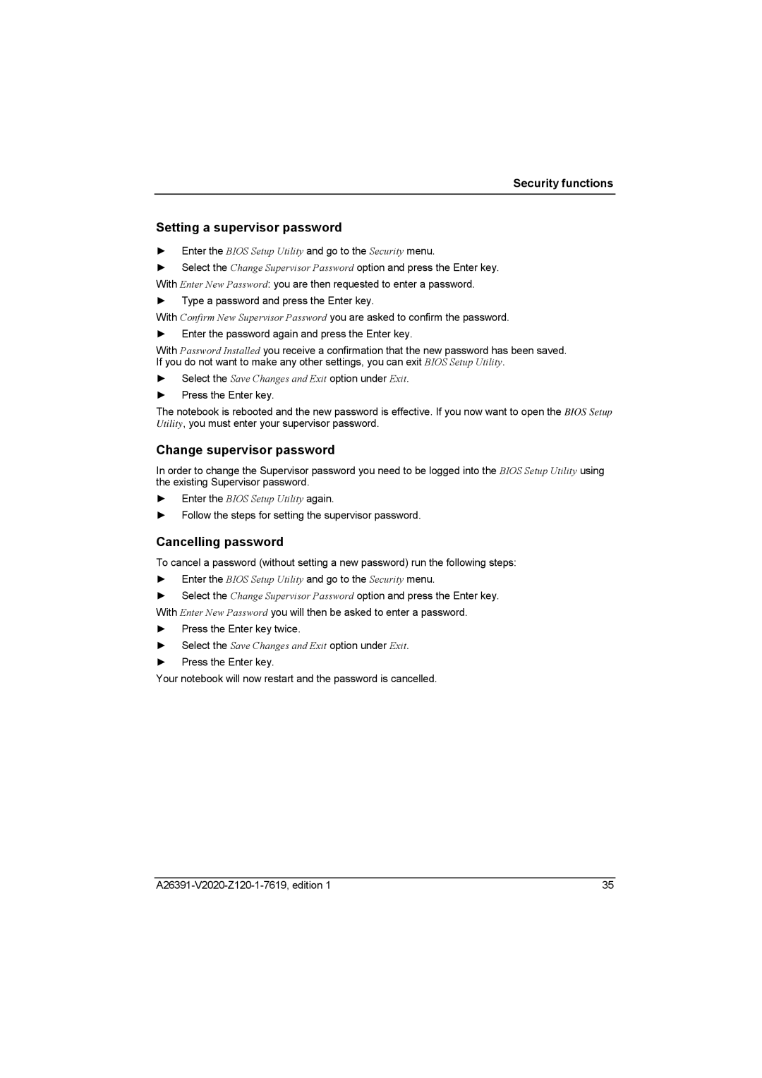 Fujitsu Siemens Computers V2020 manual Setting a supervisor password 