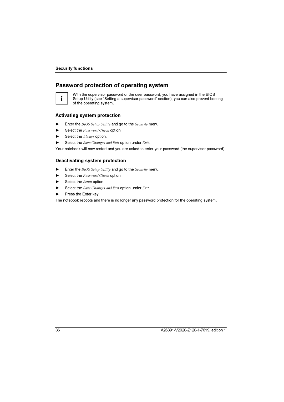 Fujitsu Siemens Computers V2020 manual Password protection of operating system, Activating system protection 