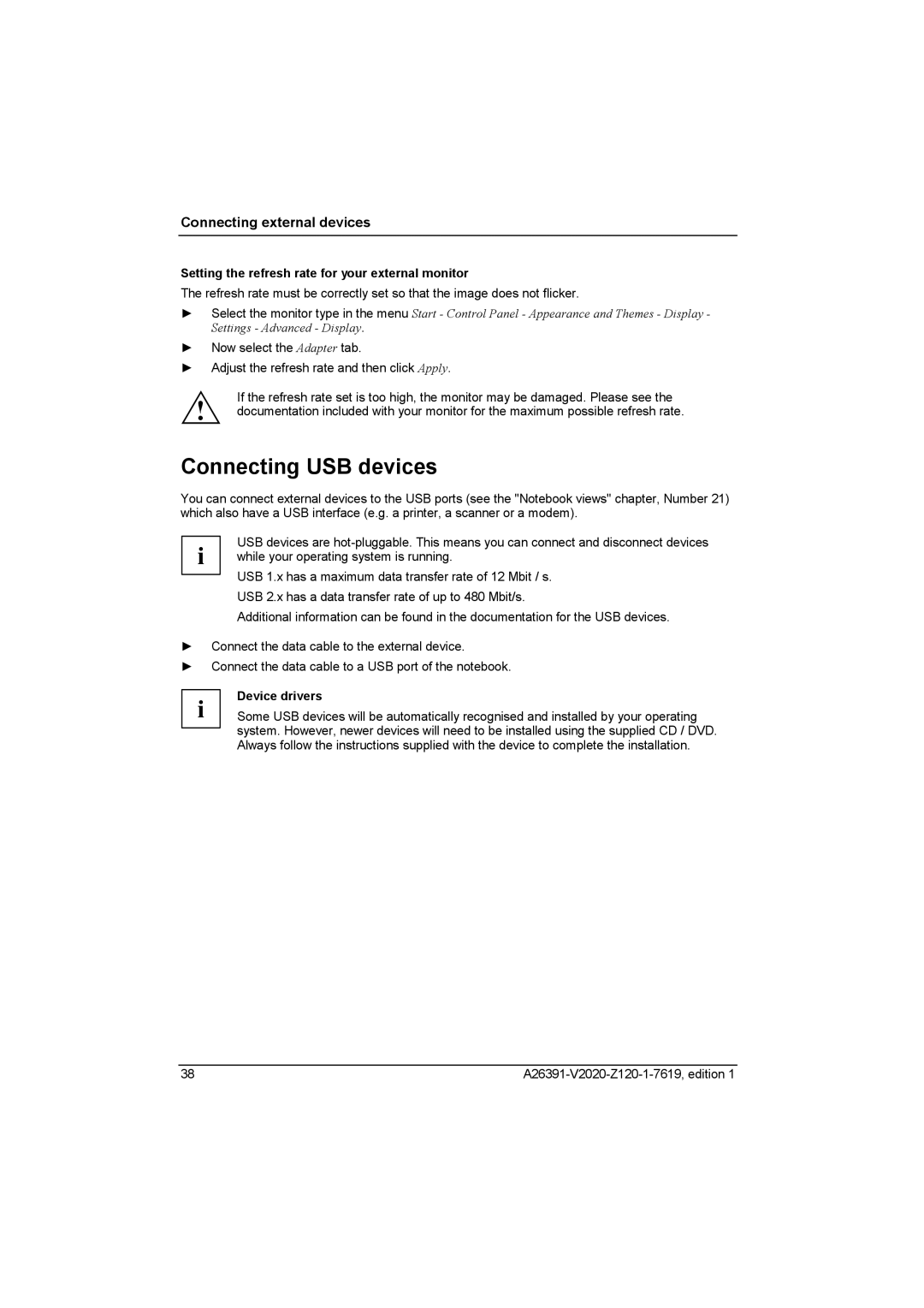 Fujitsu Siemens Computers V2020 Connecting USB devices, Setting the refresh rate for your external monitor, Device drivers 