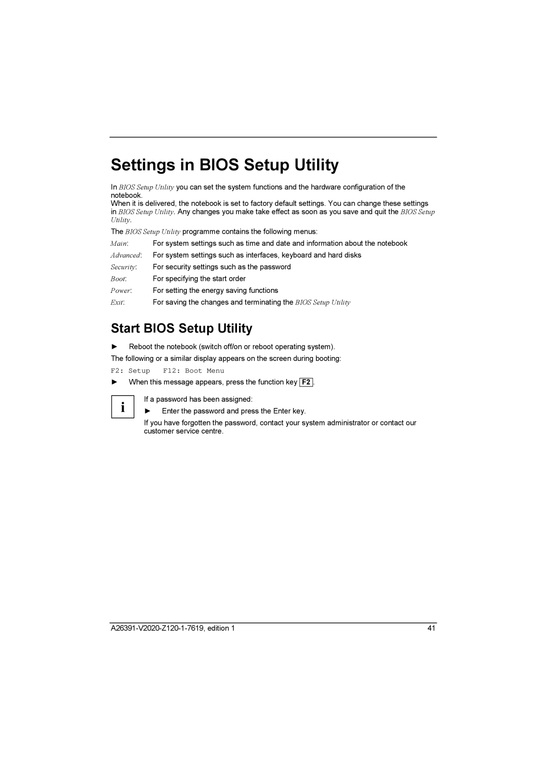 Fujitsu Siemens Computers V2020 manual Settings in Bios Setup Utility, Start Bios Setup Utility 