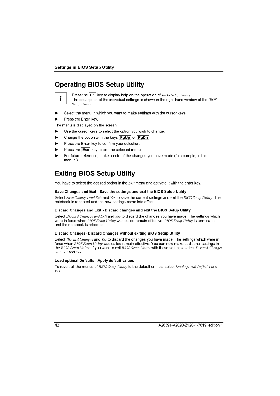 Fujitsu Siemens Computers V2020 manual Operating Bios Setup Utility, Exiting Bios Setup Utility 