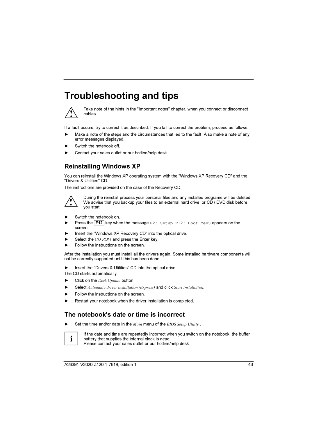 Fujitsu Siemens Computers V2020 manual Troubleshooting and tips, Reinstalling Windows XP, F12 