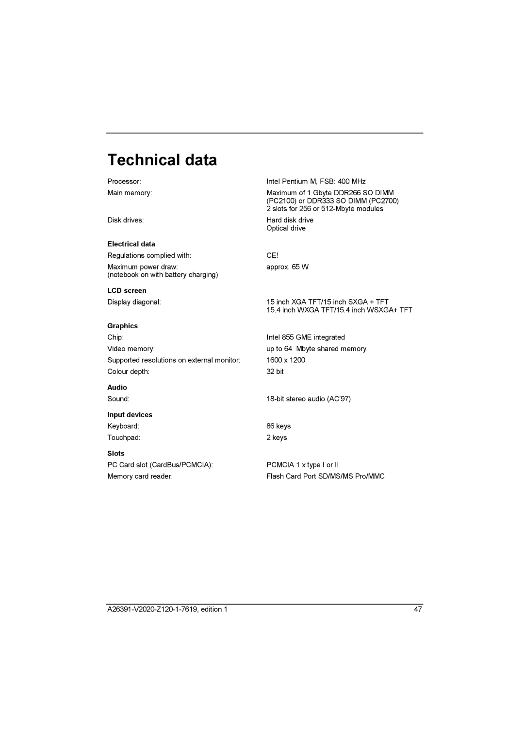 Fujitsu Siemens Computers V2020 manual Technical data 