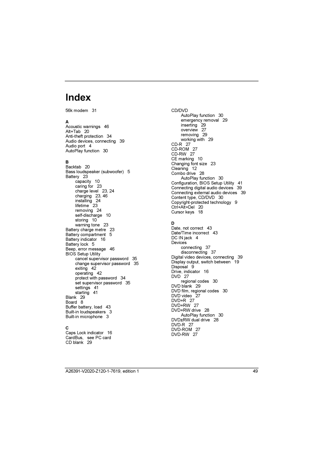 Fujitsu Siemens Computers V2020 manual Index, Cd/Dvd 