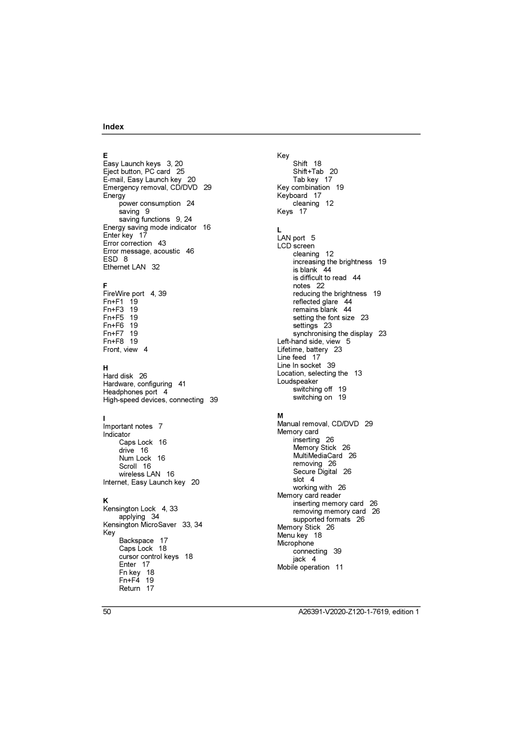 Fujitsu Siemens Computers V2020 manual Index 