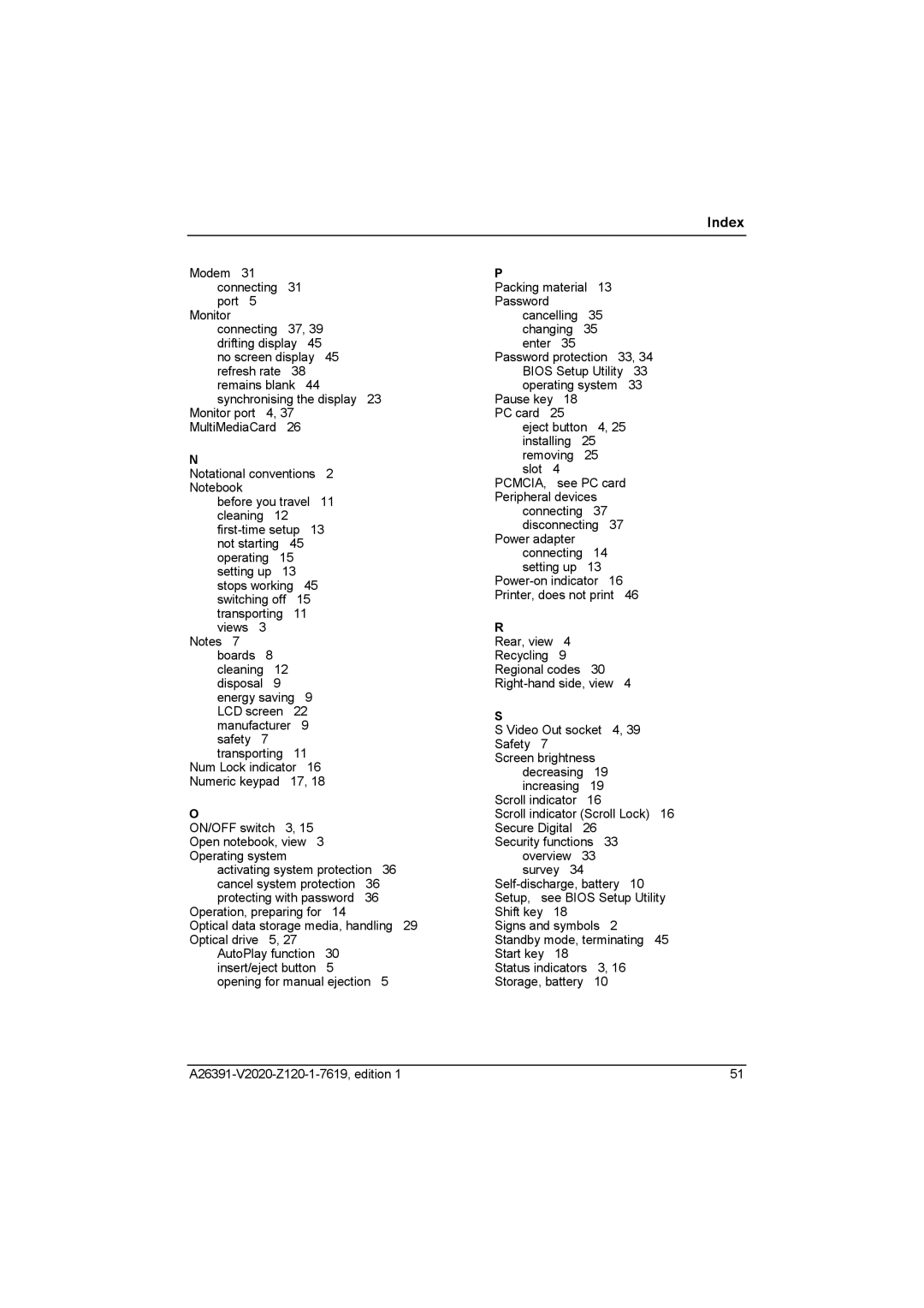 Fujitsu Siemens Computers V2020 manual Index 