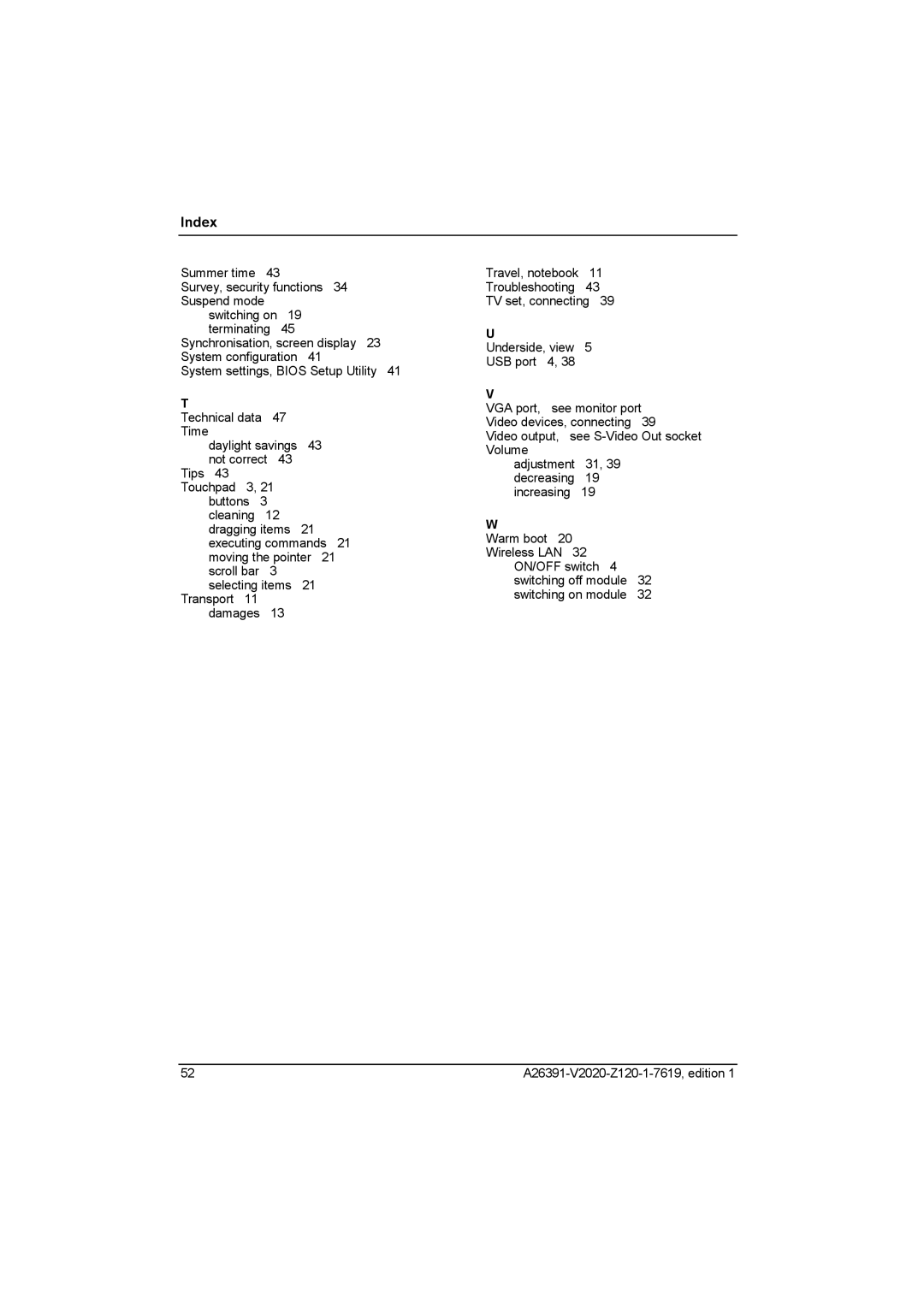 Fujitsu Siemens Computers V2020 manual Index 