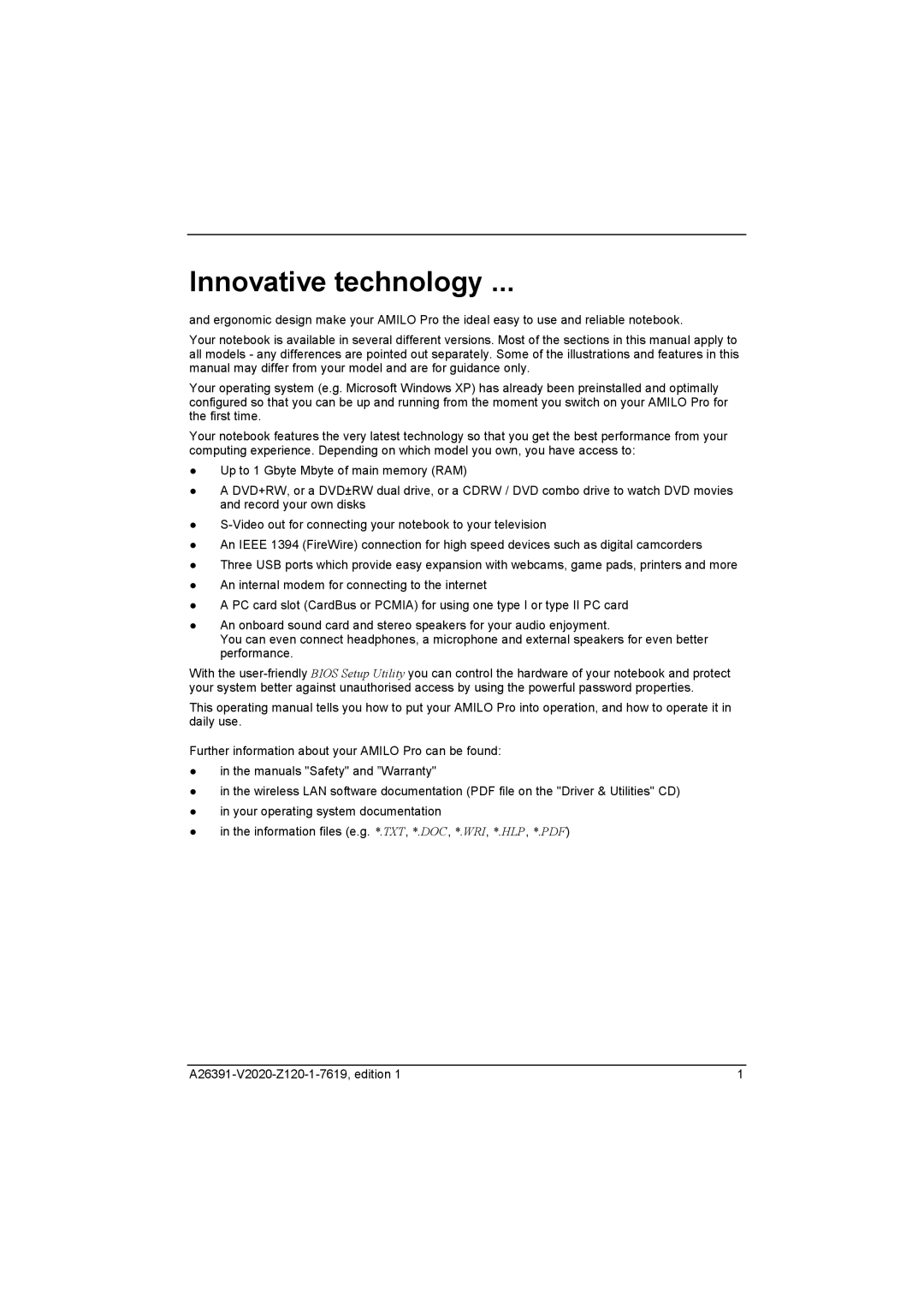 Fujitsu Siemens Computers V2020 manual Innovative technology 