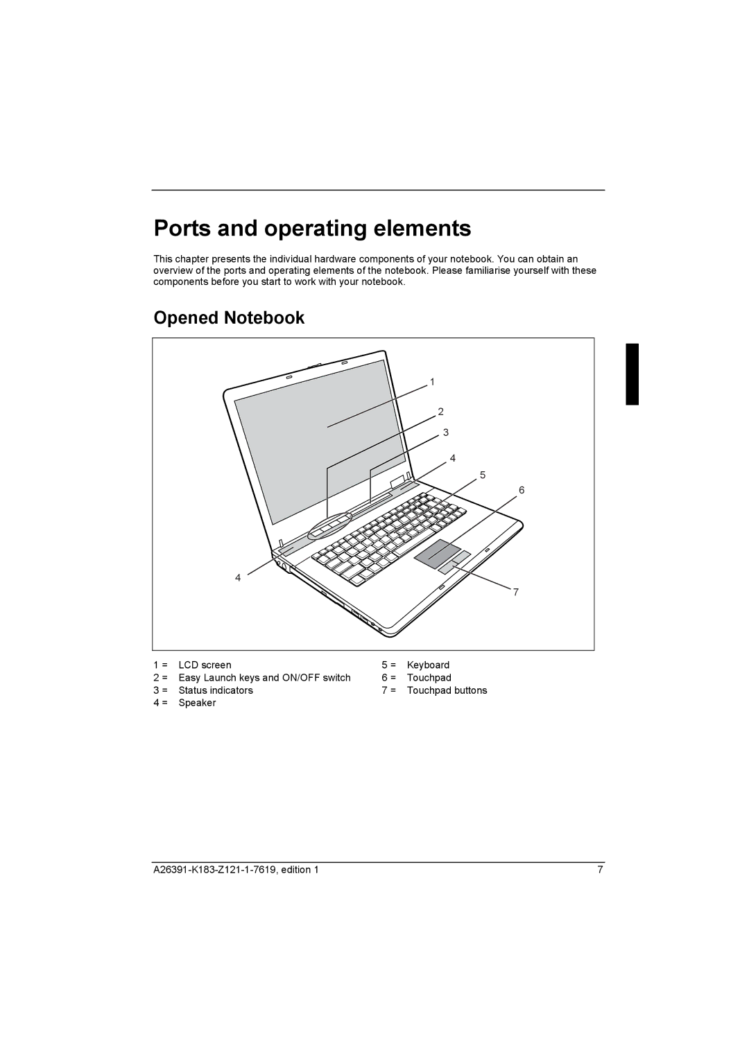 Fujitsu Siemens Computers V2035 manual Ports and operating elements, Opened Notebook 