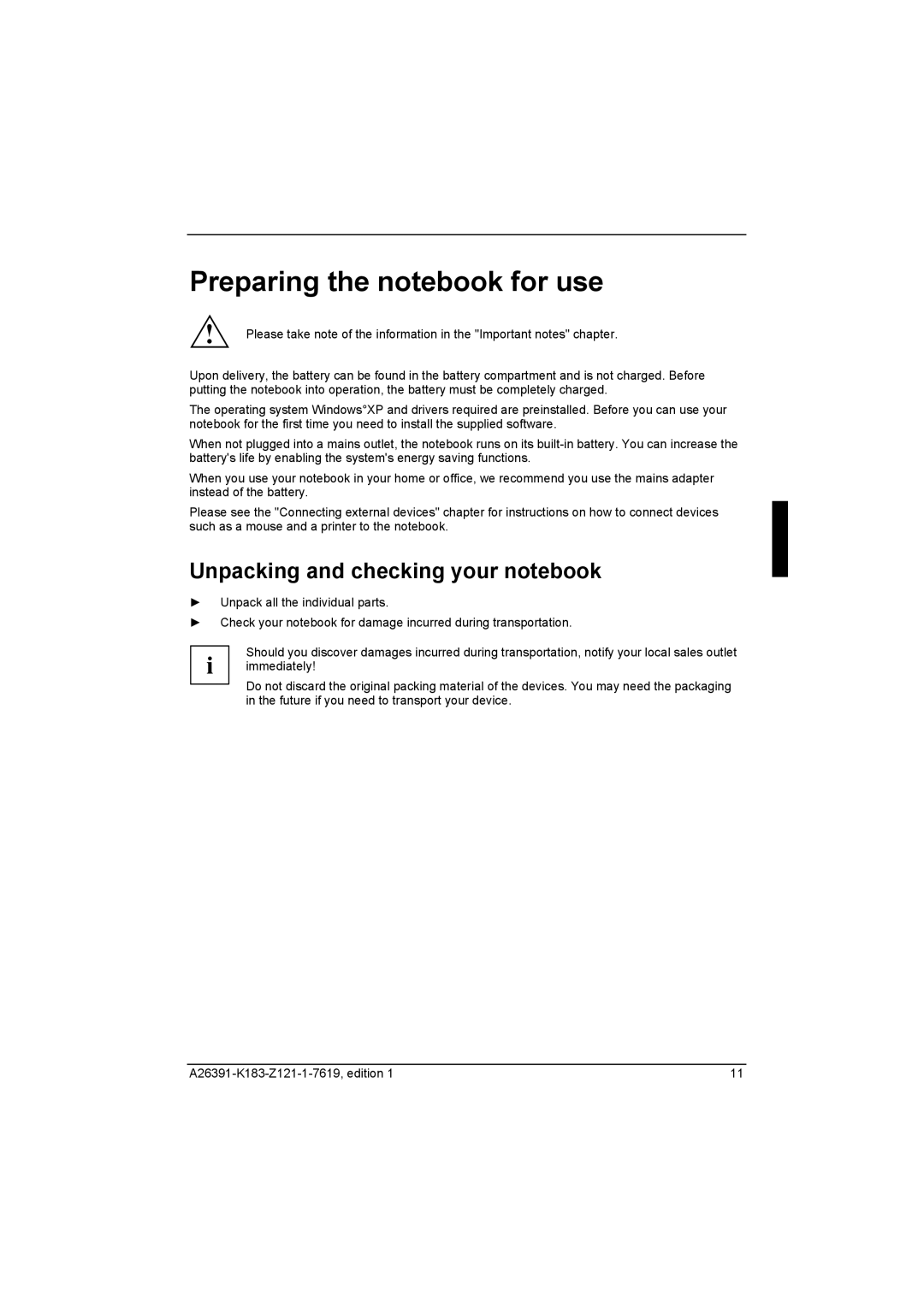 Fujitsu Siemens Computers V2035 manual Preparing the notebook for use, Unpacking and checking your notebook 