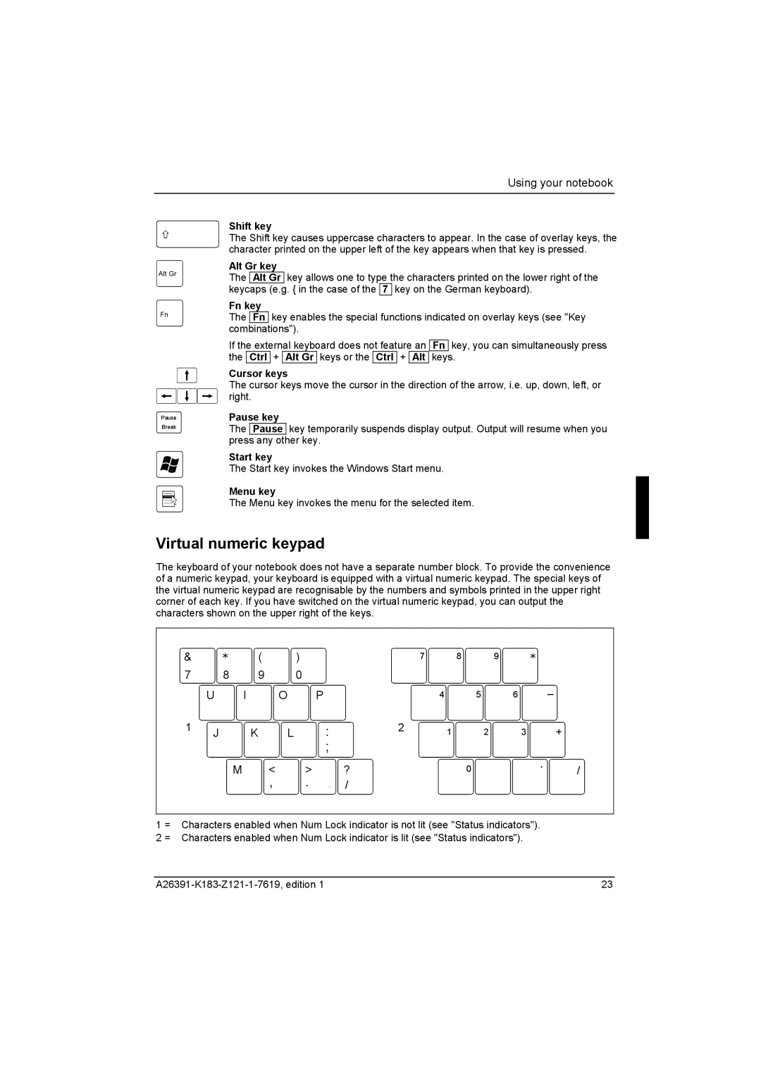 Fujitsu Siemens Computers V2035 manual Virtual numeric keypad 