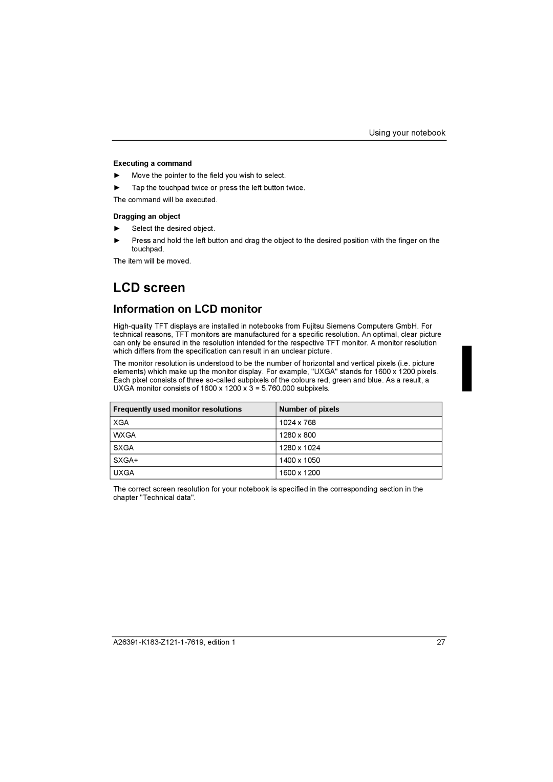 Fujitsu Siemens Computers V2035 manual LCD screen, Information on LCD monitor, Executing a command, Dragging an object 