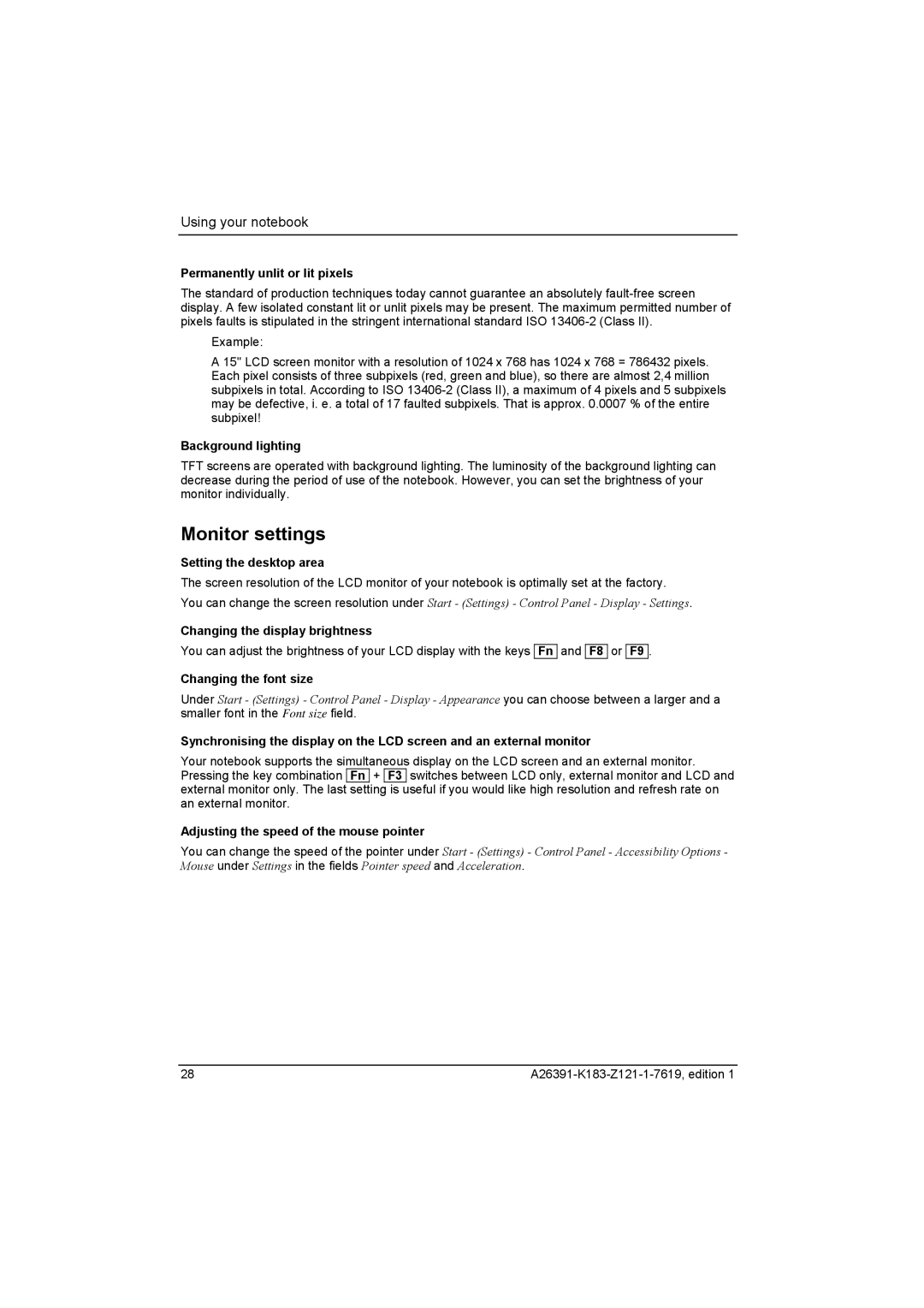 Fujitsu Siemens Computers V2035 manual Monitor settings 