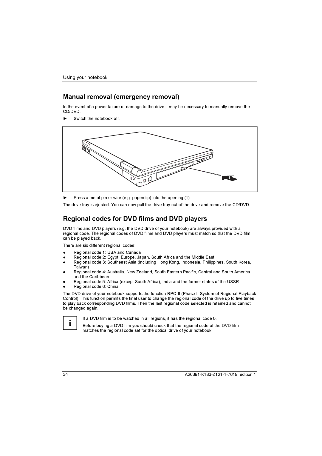 Fujitsu Siemens Computers V2035 manual Manual removal emergency removal, Regional codes for DVD films and DVD players 