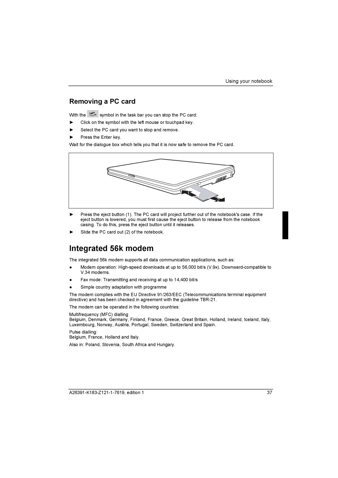 Fujitsu Siemens Computers V2035 manual Integrated 56k modem, Removing a PC card 