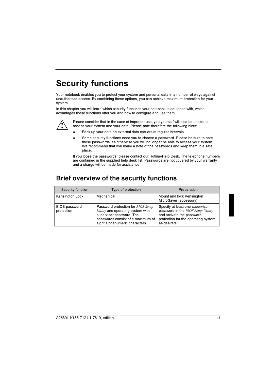 Fujitsu Siemens Computers V2035 manual Security functions, Brief overview of the security functions 