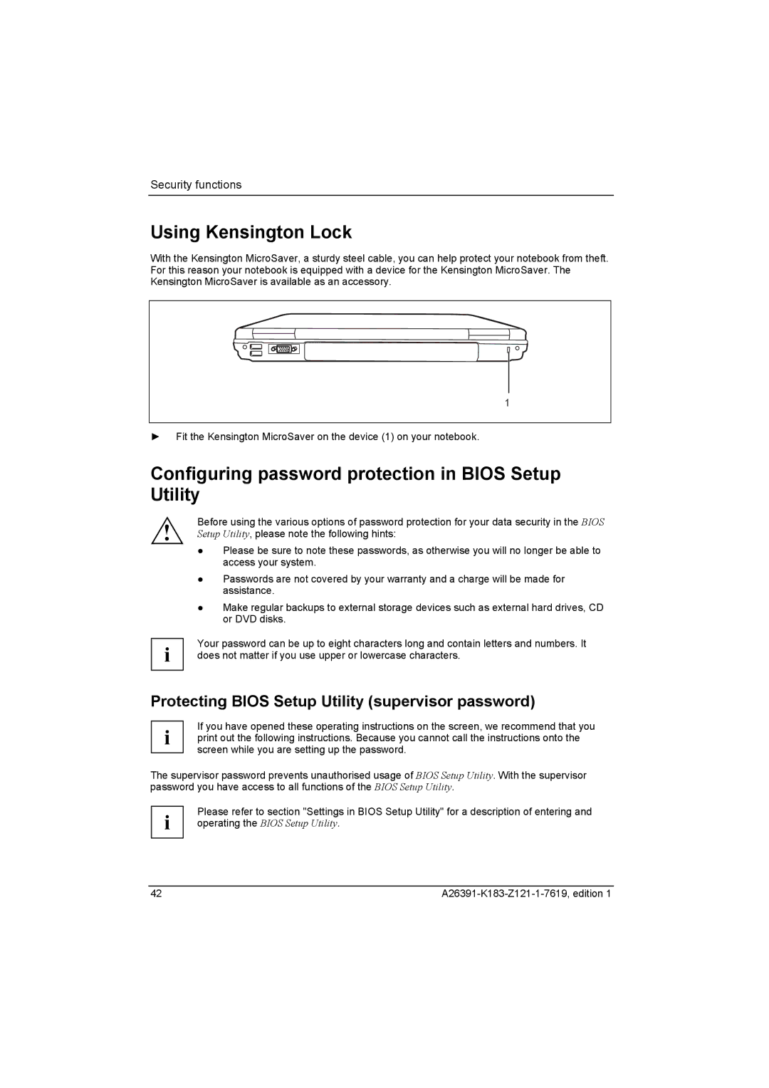 Fujitsu Siemens Computers V2035 manual Using Kensington Lock, Configuring password protection in Bios Setup Utility 