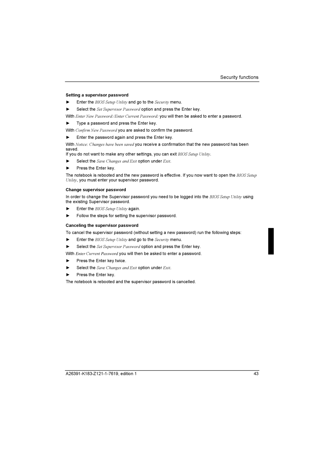 Fujitsu Siemens Computers V2035 manual Setting a supervisor password, Change supervisor password 