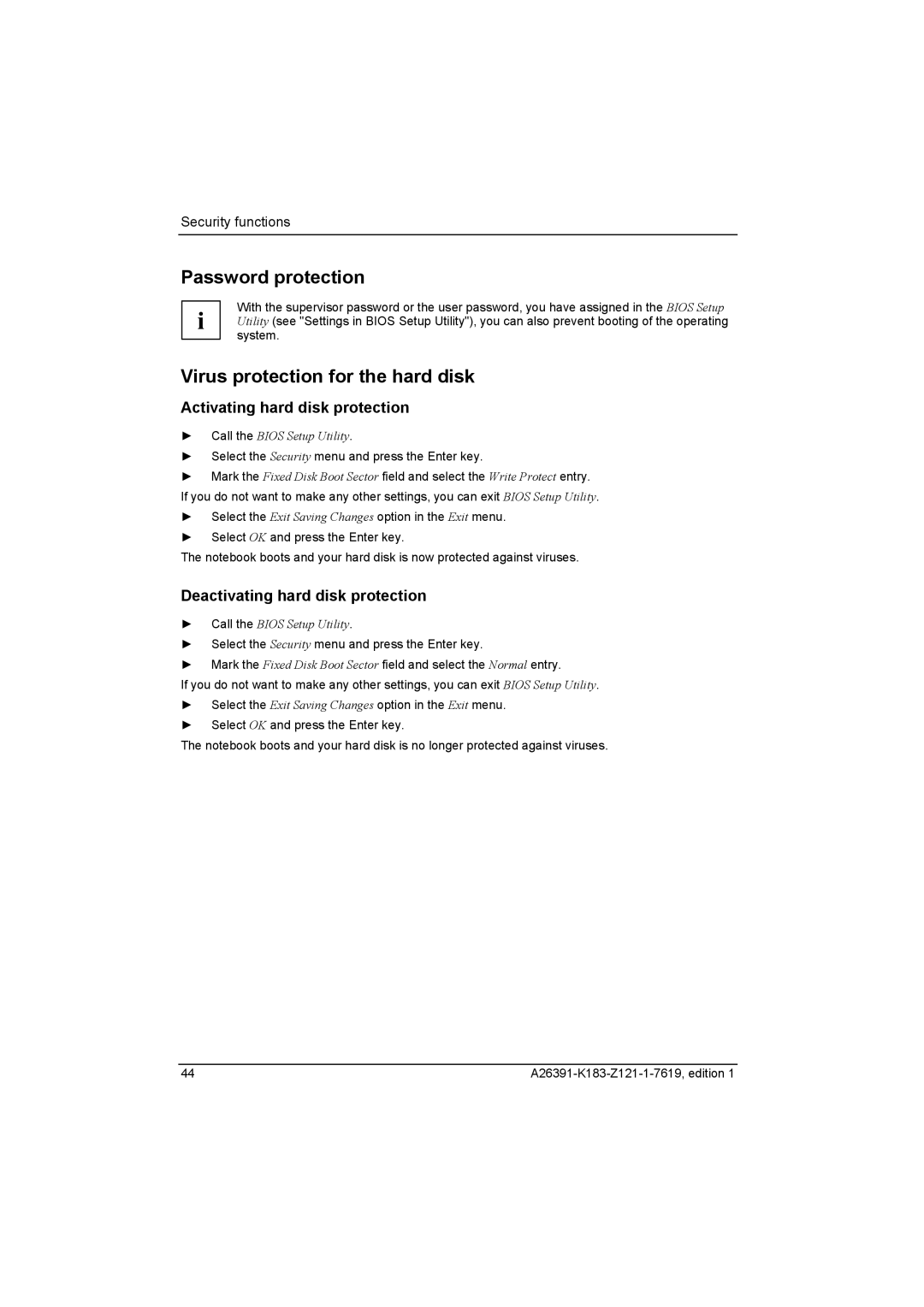 Fujitsu Siemens Computers V2035 manual Password protection, Virus protection for the hard disk 