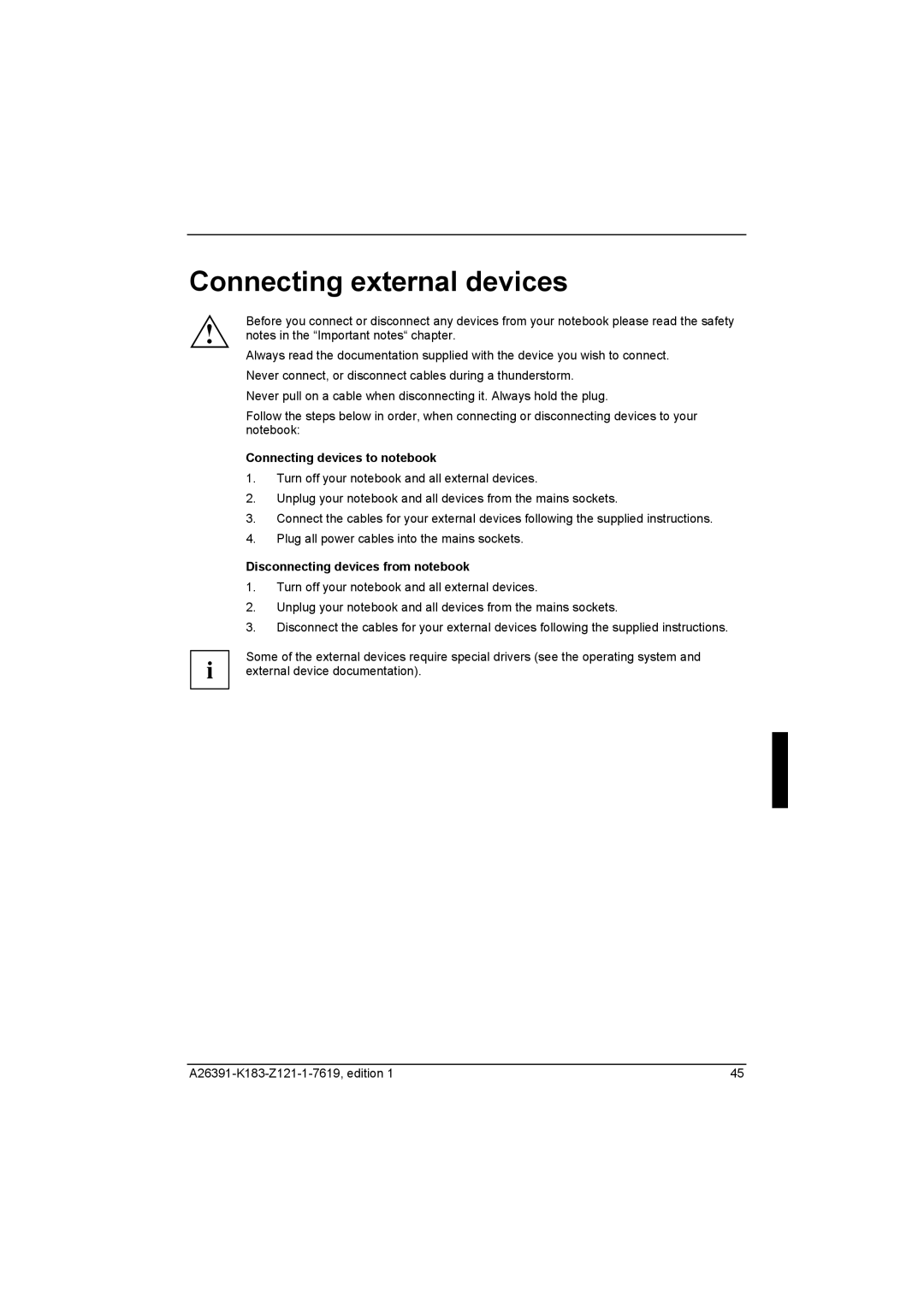 Fujitsu Siemens Computers V2035 manual Connecting external devices, Connecting devices to notebook 