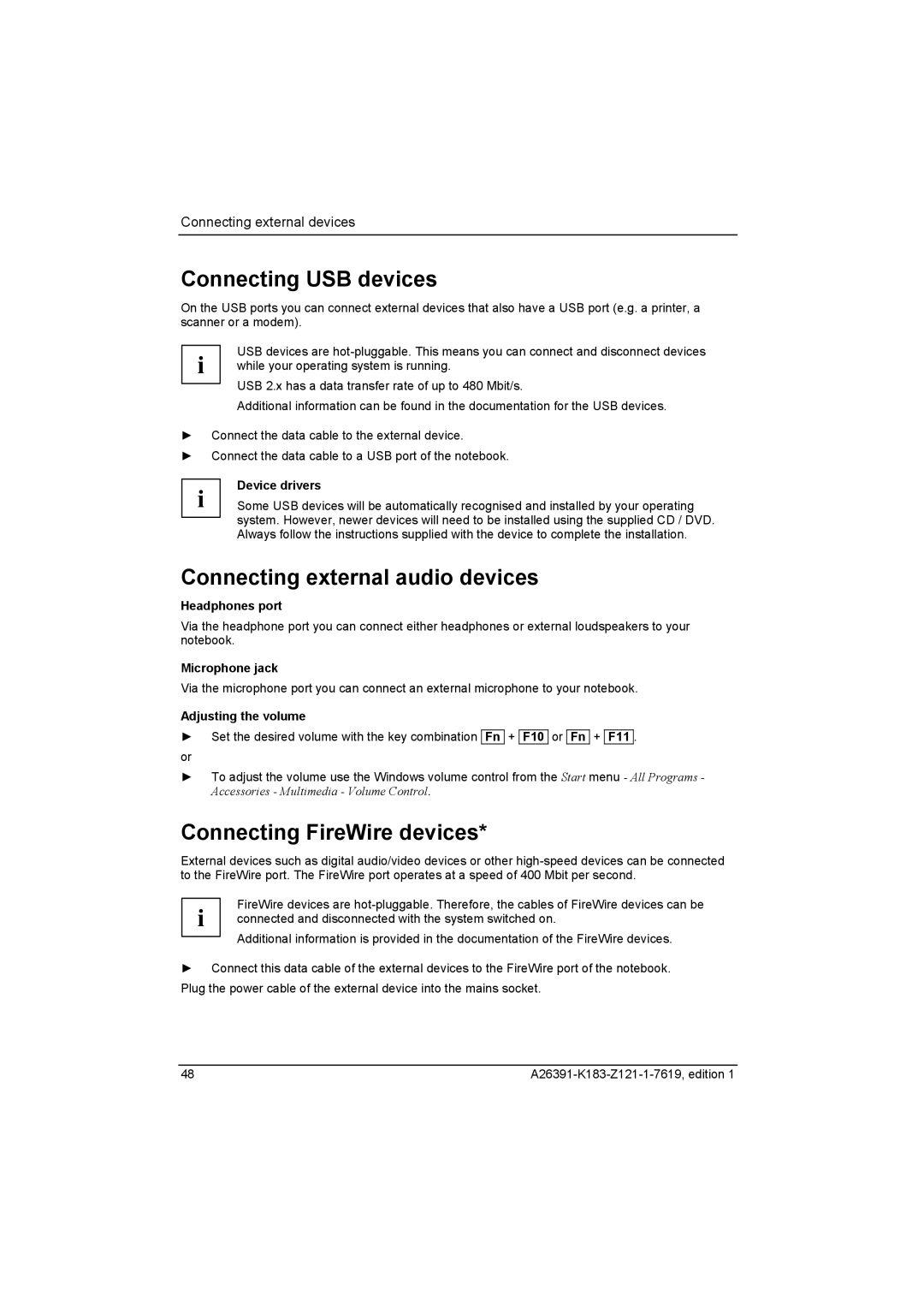 Fujitsu Siemens Computers V2035 Connecting USB devices, Connecting external audio devices, Connecting FireWire devices 